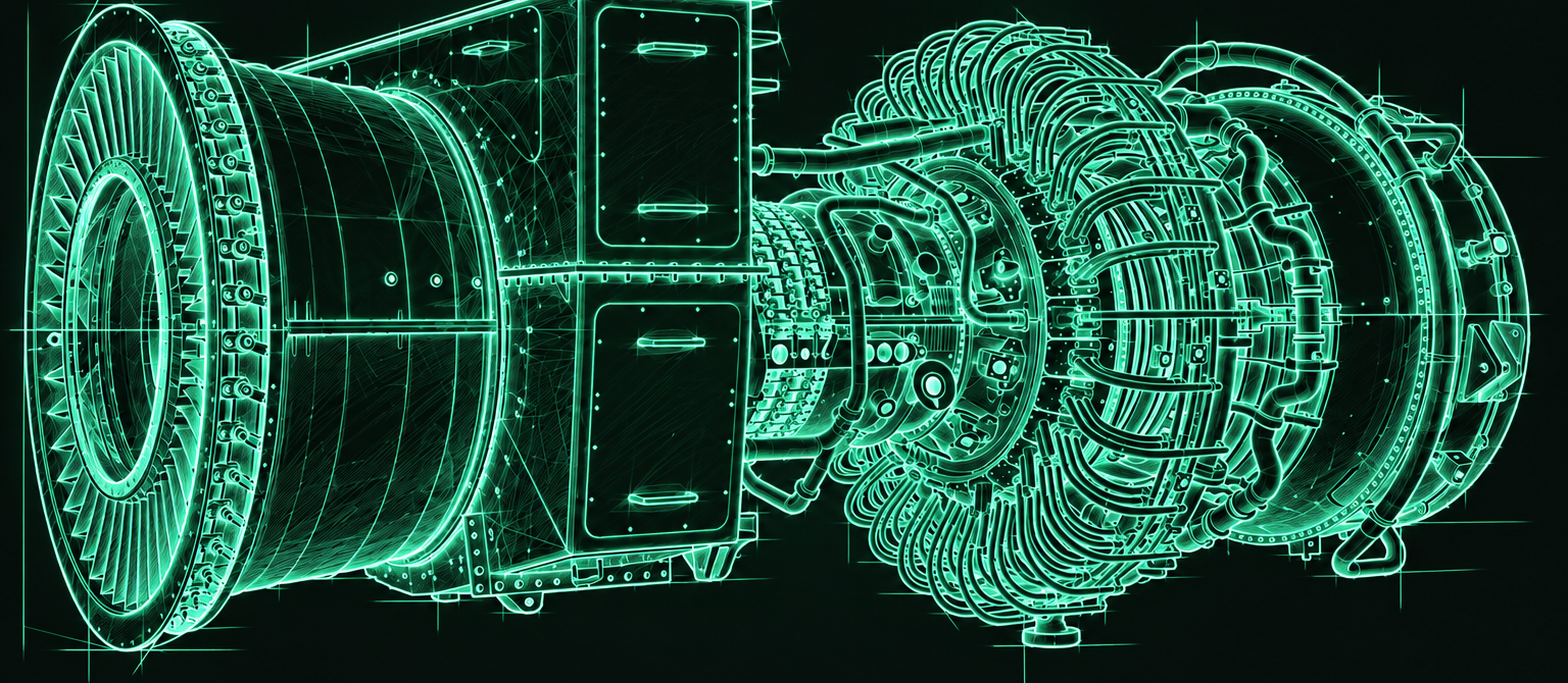 Technical line drawing of a turbine engine