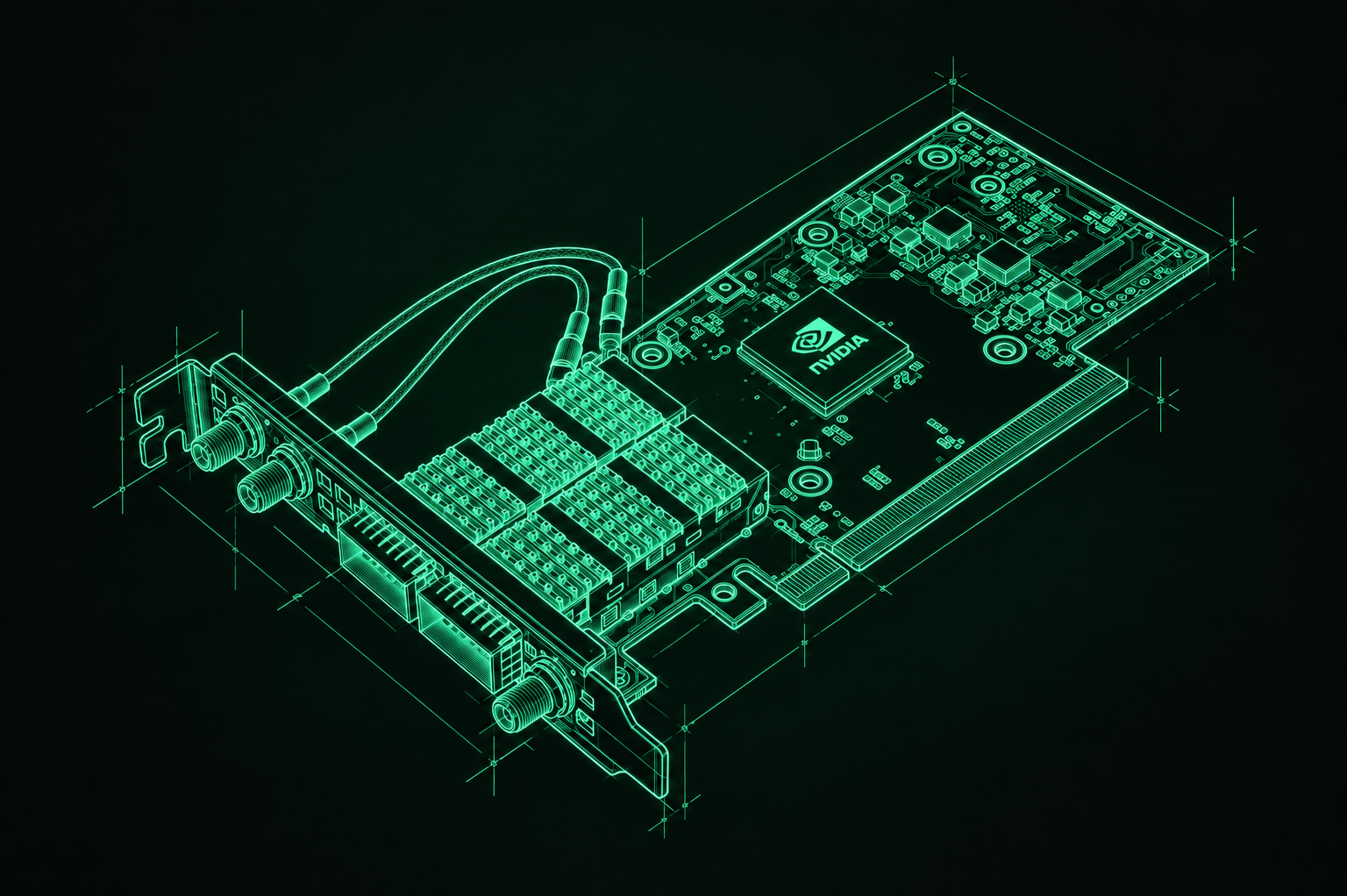 Technical line drawing of an NVIDIA accelerator card